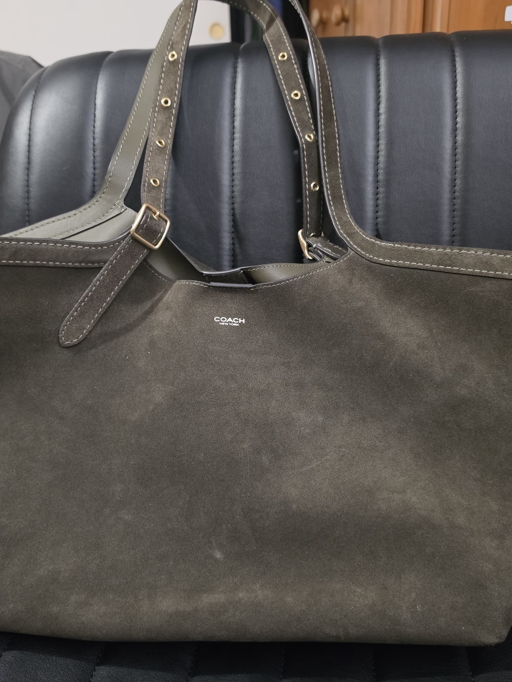Coach Olive Green Suede Tote with Gold Hardware